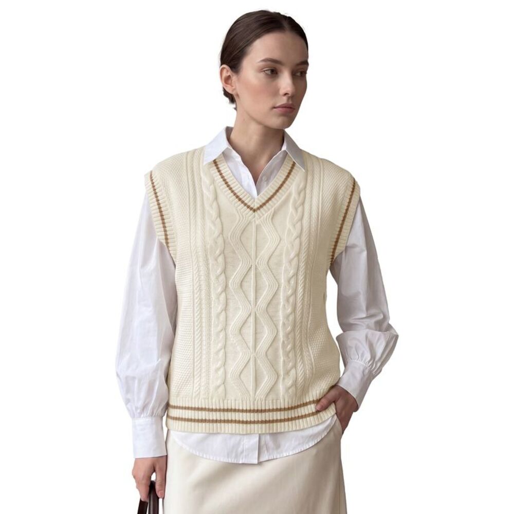 Women's V-Neck Cable Knit Vest - Sleeveless Casual Fall Winter Top Beige